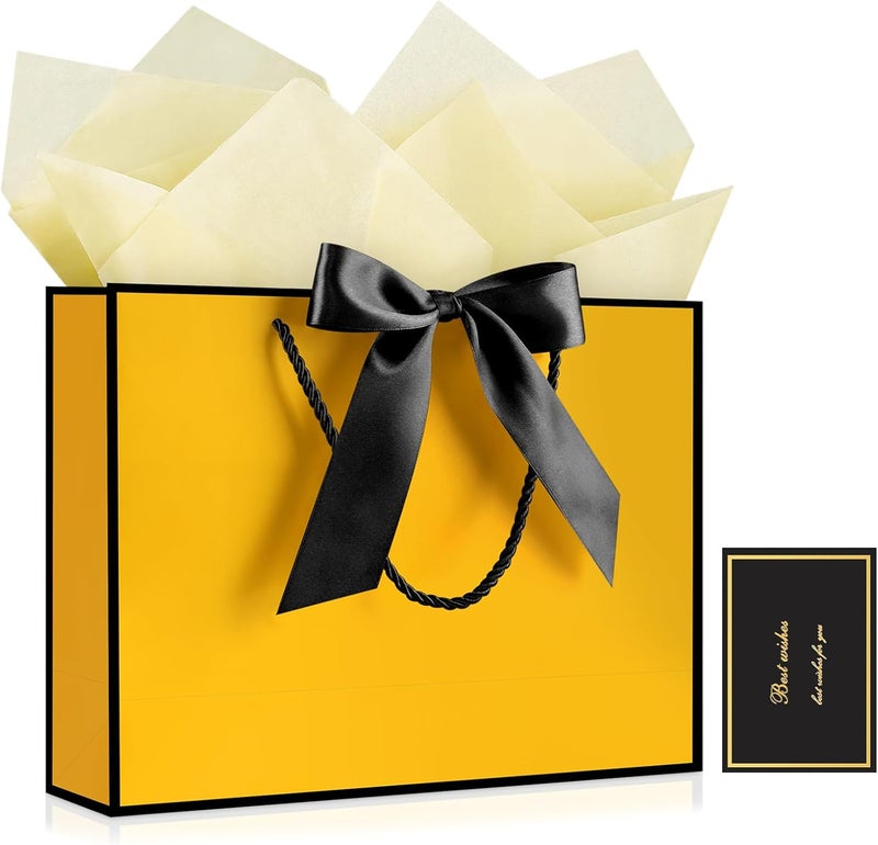 JMANNI 1PCS Large Gift Bag with Ribbon and 1 Greeting Card 2 Tissue Papers, Portable Paper Gift Bag with Handles, Birthday Present Bags for Wedding Party,Mothers Day12.6" x 9.8" x 3.9"(Yellow-Black - Image 1